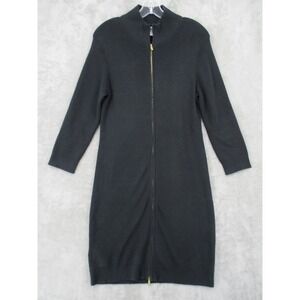 Tommy Bahama Sweater Dress Womens Medium Full Zip Mock Neck Ribbed Black Knit